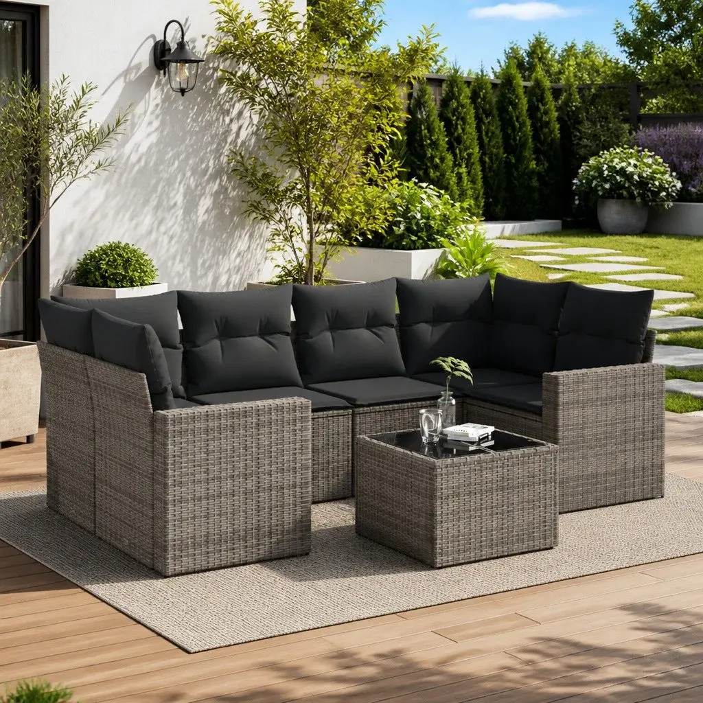 Outdoor Sectional Sofa Set Grey Modular 7 Piece with Cushions Storage Compartment and Tempered Glass Table