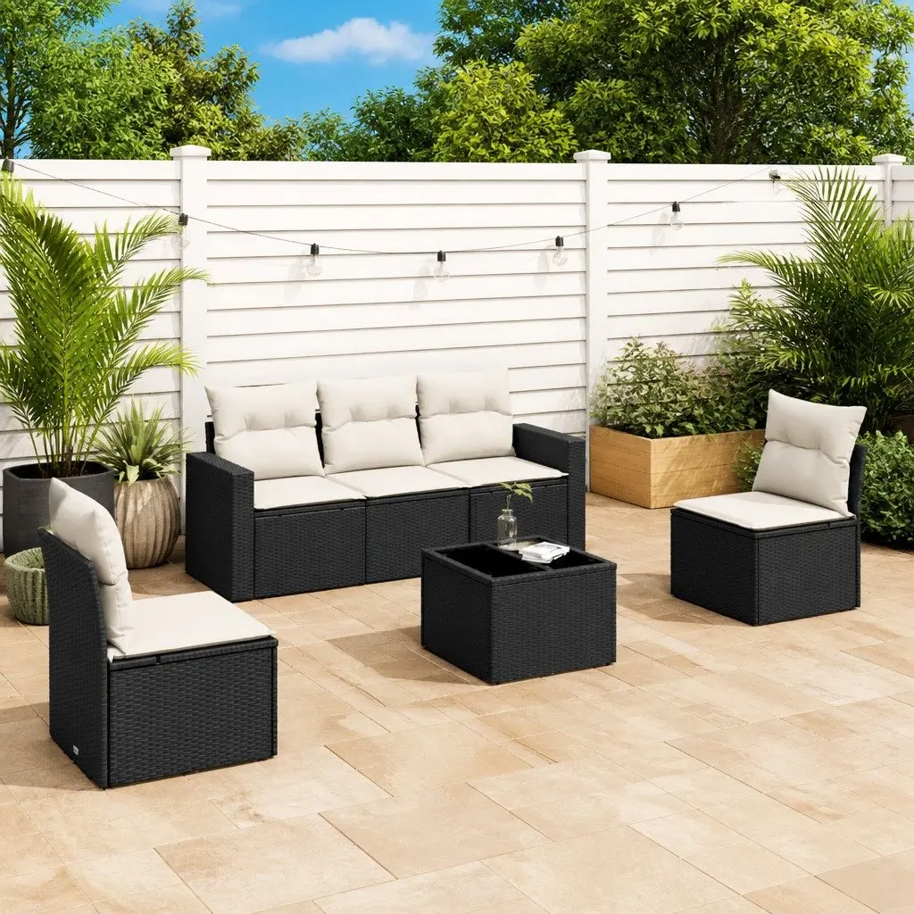 6 Piece Garden Sofa Set Modular Black PE Rattan Outdoor Sectional with Tempered Glass Table Top