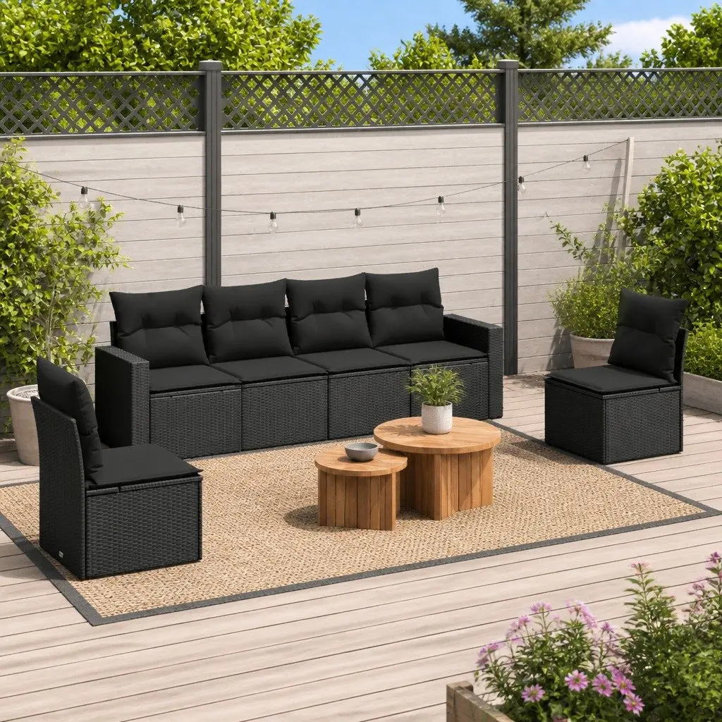 6 Piece Modular Sectional Outdoor Garden Sofa Set Black Poly Rattan with Thick Cushions