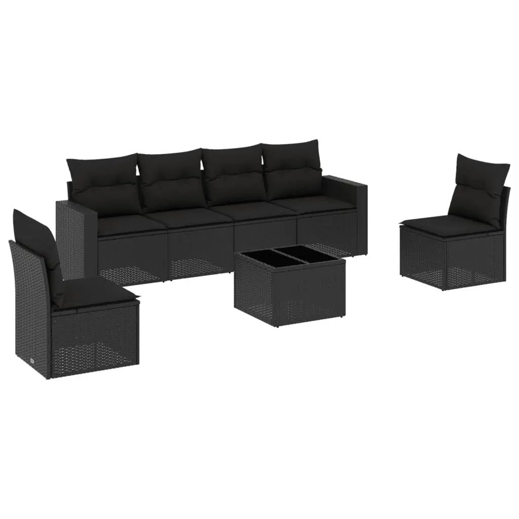 7 Piece Outdoor Garden Sectional Sofa Set Black PE Rattan with Tempered Glass Tabletop