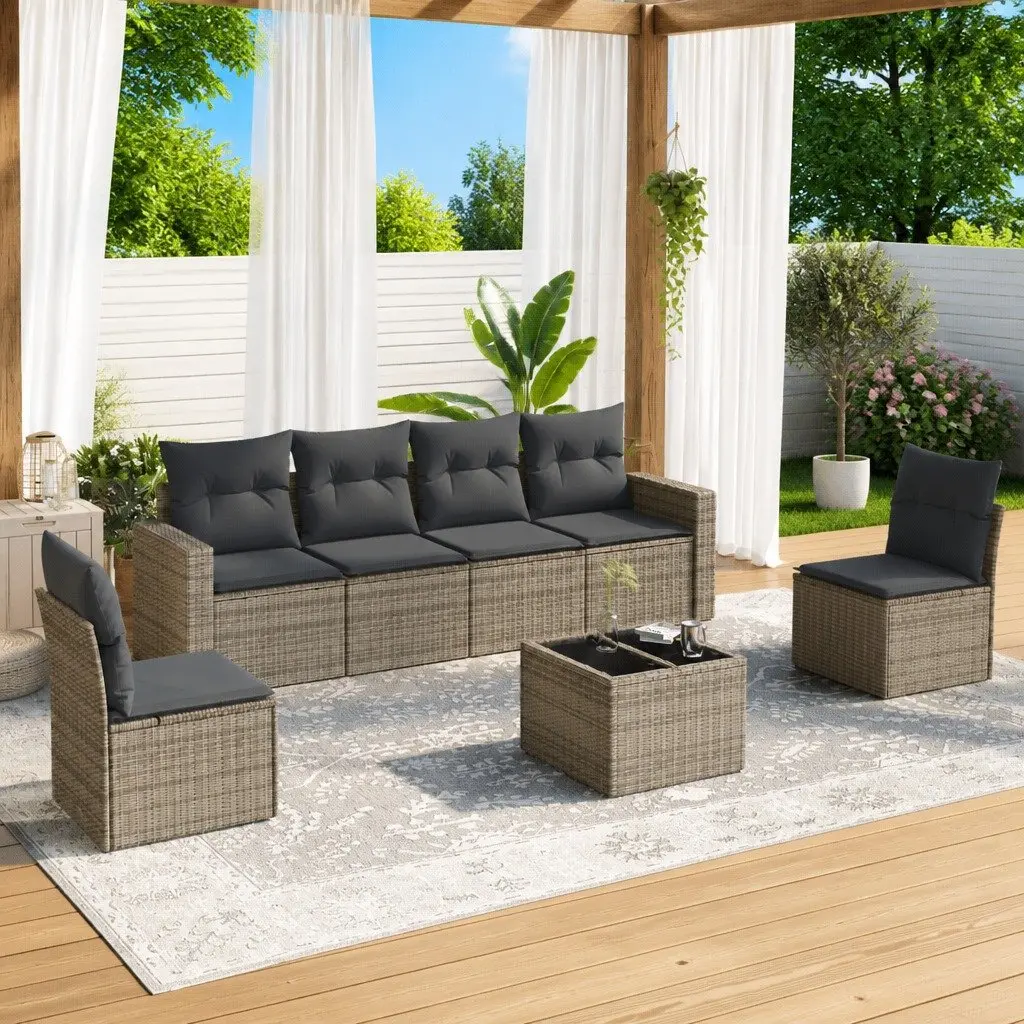Outdoor Sofa Set Grey Modular 7 Piece Poly Rattan with Cushions and Storage Compartments