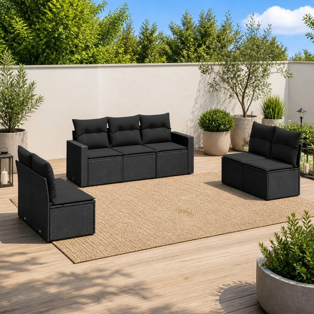7 Piece Outdoor Garden Sofa Set Black Poly Rattan Sectional with Cushions and Storage