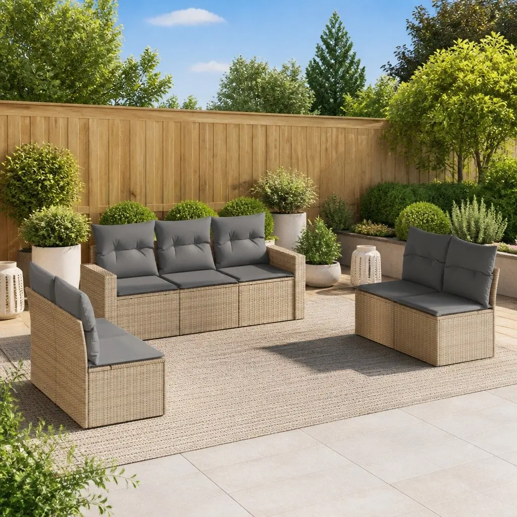 7 Piece Garden Sofa Set Outdoor Sectional Beige Poly Rattan Furniture Cushions