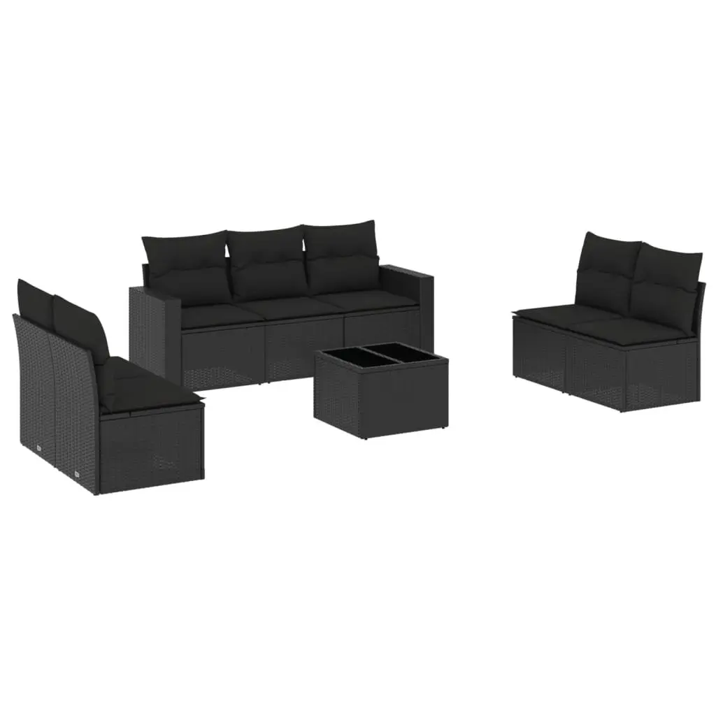 8 Piece Modular Outdoor Sofa Set Black Poly Rattan Garden Furniture with Cushions and Glass Table