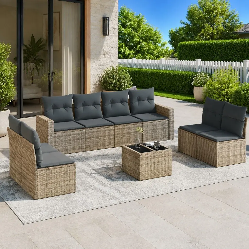 9 Piece Modular Sectional Sofa Set Grey Outdoor Poly Rattan with Cushions and Storage