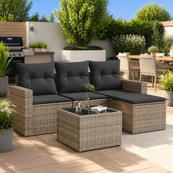 5 Piece Outdoor Garden Sofa Set Grey Poly Rattan Sectional with Cushions
