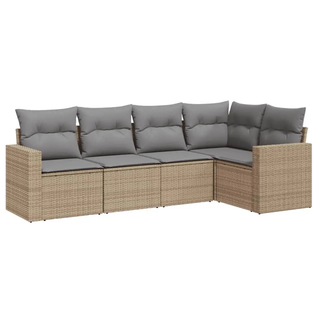 5 Piece Outdoor Garden Sofa Set with Storage Cushions Beige Poly Rattan Patio