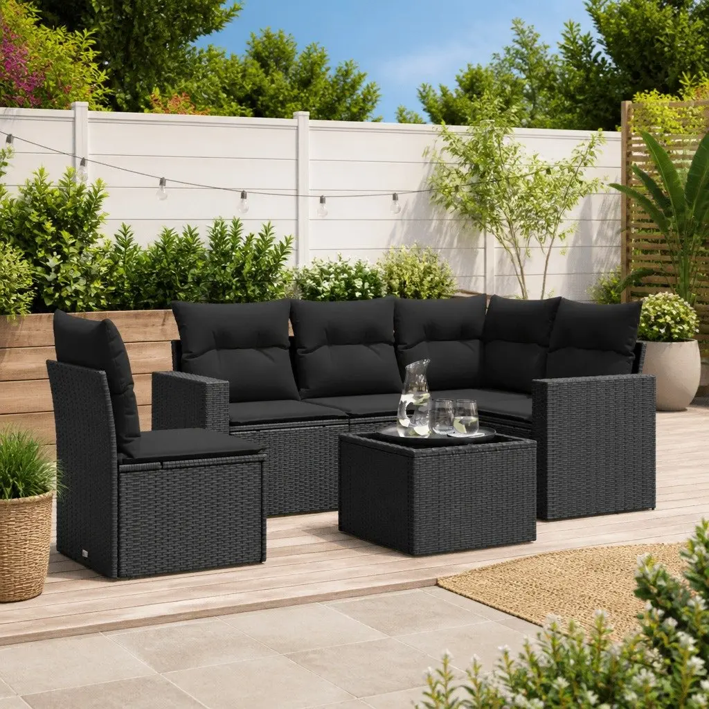 6 Piece Outdoor Sectional Sofa Set Black Poly Rattan Garden Patio Furniture