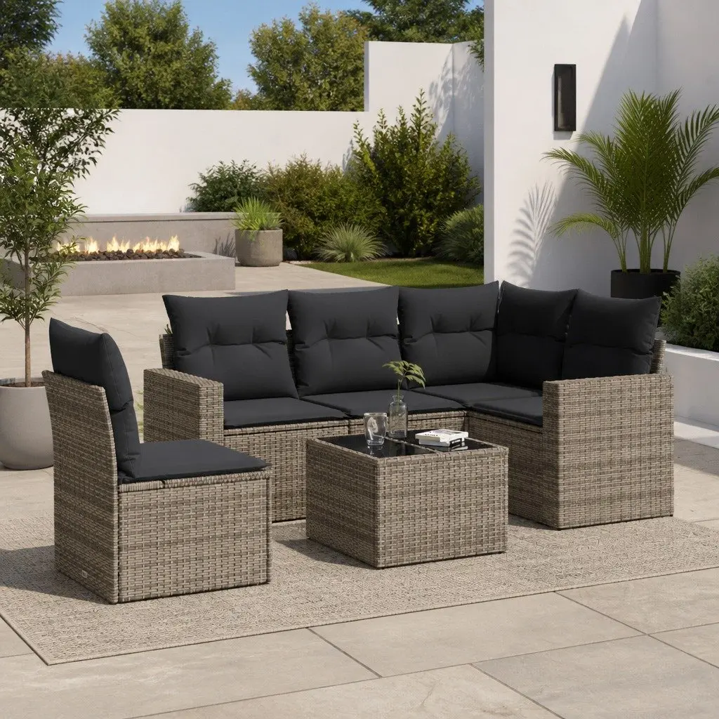 Outdoor Sectional Sofa Set 6 Piece Garden Furniture Grey Poly Rattan with