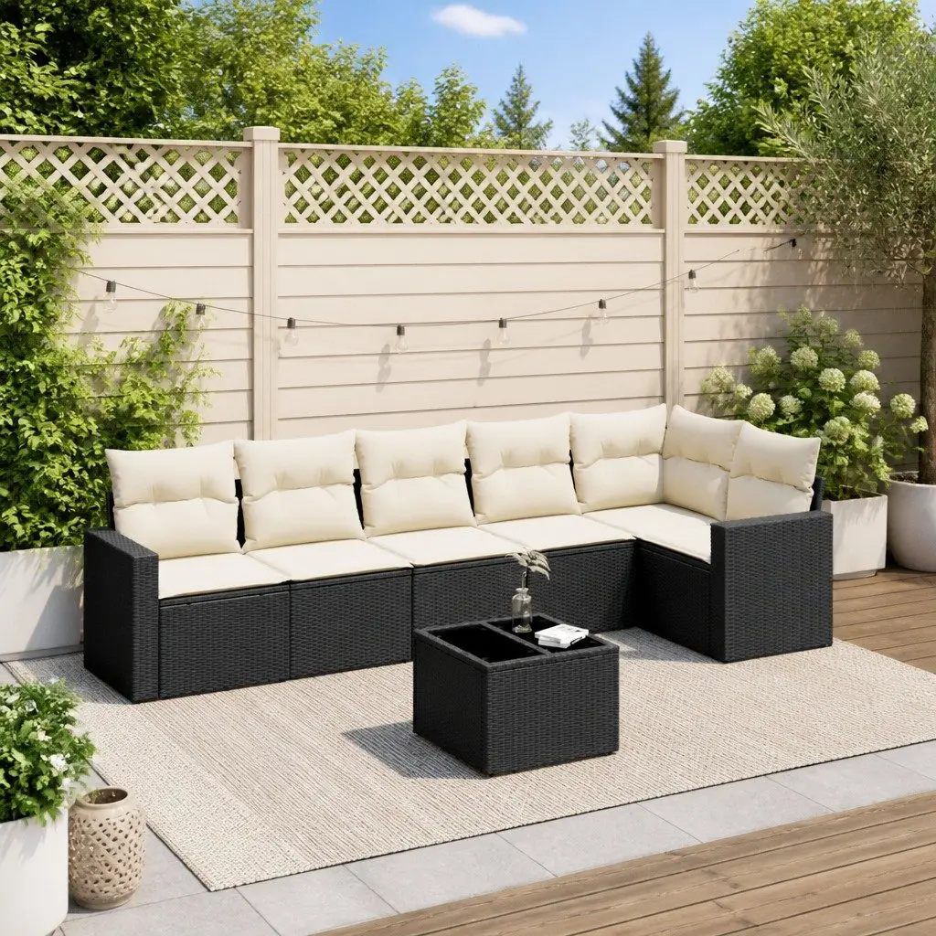 7 Piece Outdoor Garden Sofa Set Modular Black PE Rattan Patio Sectional with Cushions and Tempered Glass Table