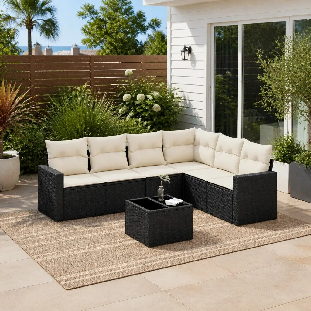 Outdoor Sectional Sofa Set Modular 7 Piece Black Poly Rattan