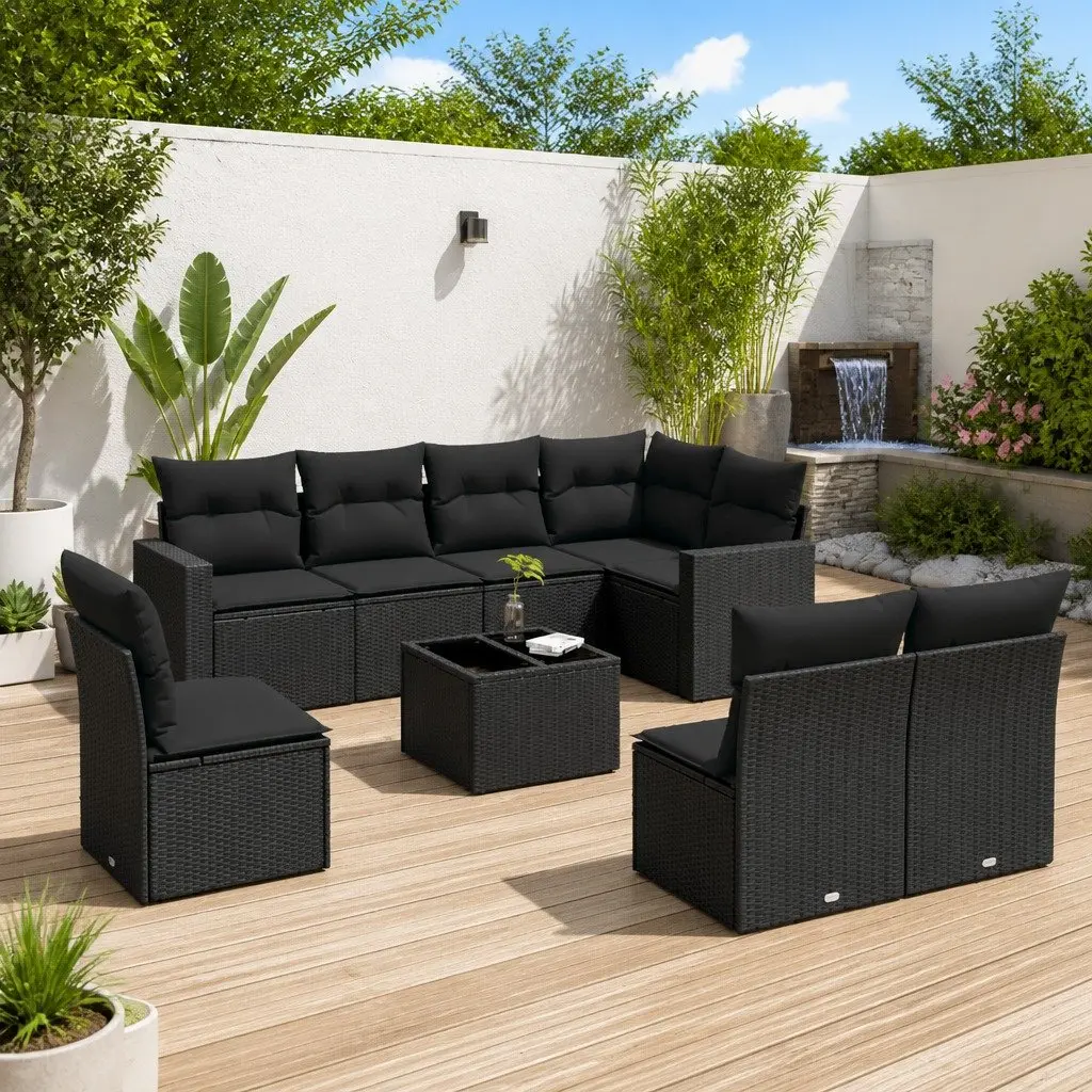 Outdoor Sectional Sofa Set 9 Piece Black Poly Rattan Garden Furniture with
