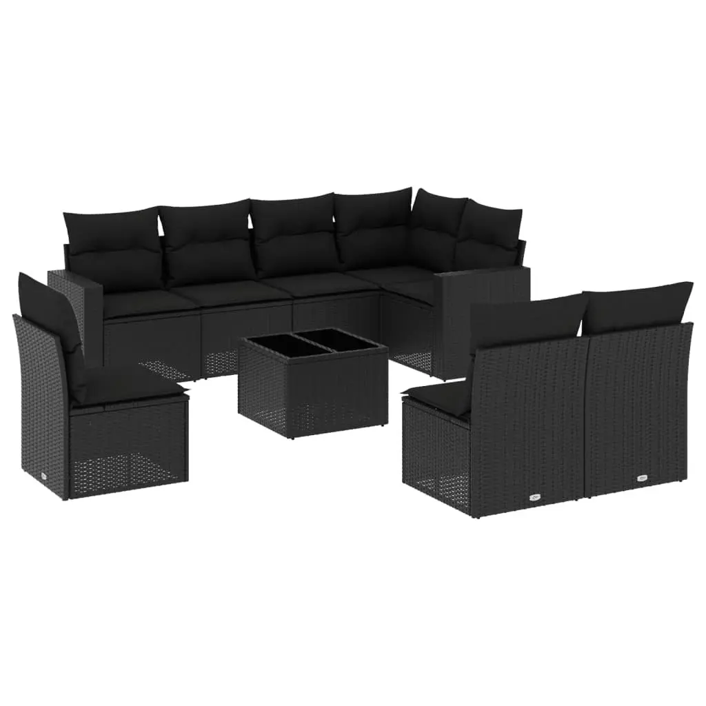 Outdoor Sectional Sofa Set 9 Piece Black Poly Rattan Garden Furniture with