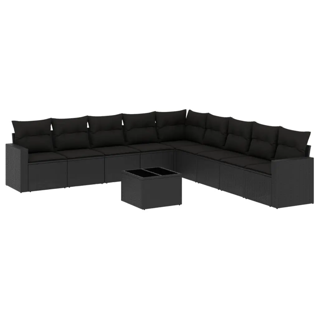 10 Piece Outdoor Garden Sofa Set Black Poly Rattan Sectional with Cushions