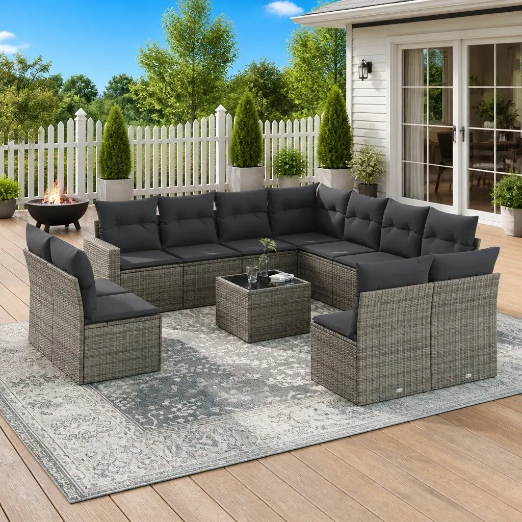 12 Piece Outdoor Modular Garden Sofa Set with Grey PE Rattan and Storage Cushions