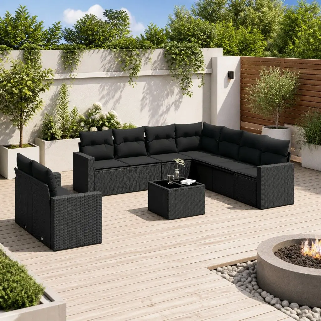 Outdoor Sectional Sofa Set 10 Piece Black Poly Rattan Garden Furniture with