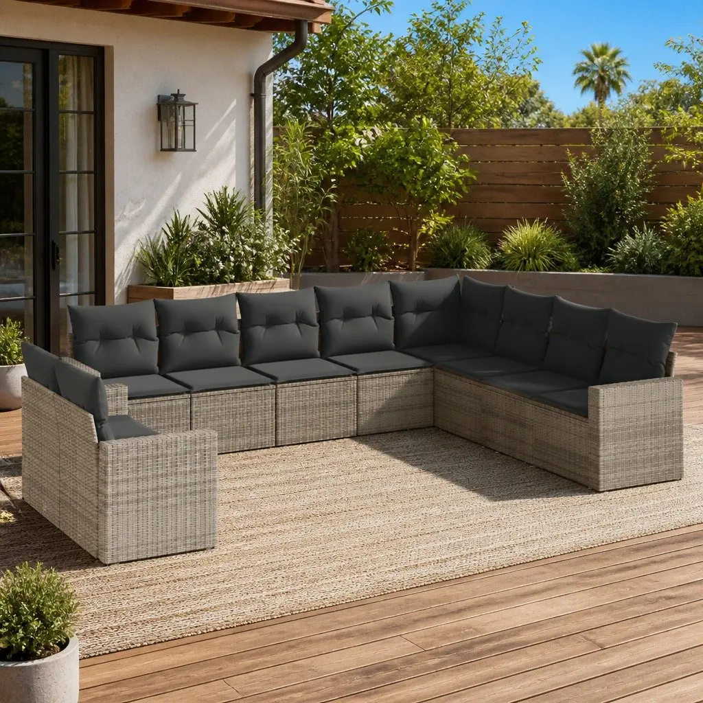 Outdoor Sectional Sofa Set 10 Piece Garden Furniture Grey Poly Rattan with