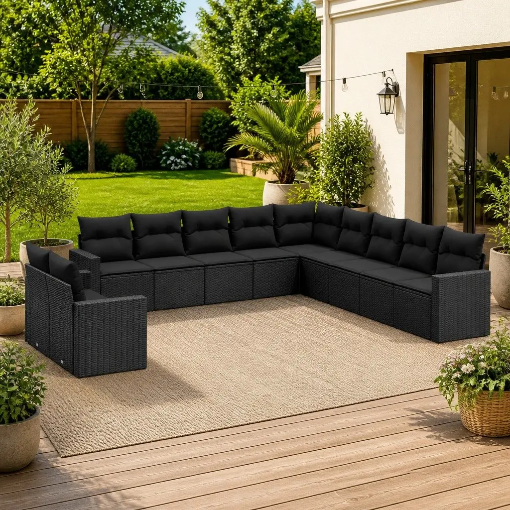 11 Piece Modular Black Poly Rattan Outdoor Sofa Set with Cushions for Garden Patio and Terrace