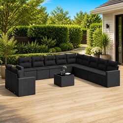 Outdoor Sectional Sofa Set 12 Piece Black Poly Rattan Garden Seating with Glass