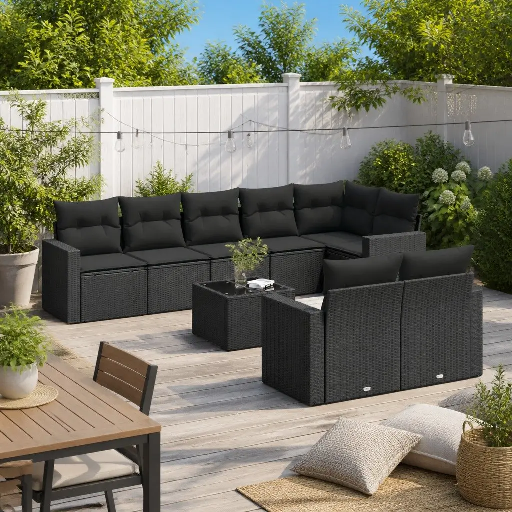 9 Piece Modular Patio Sectional Sofa Set Weather Resistant Black PE Rattan with Tempered Glass Table