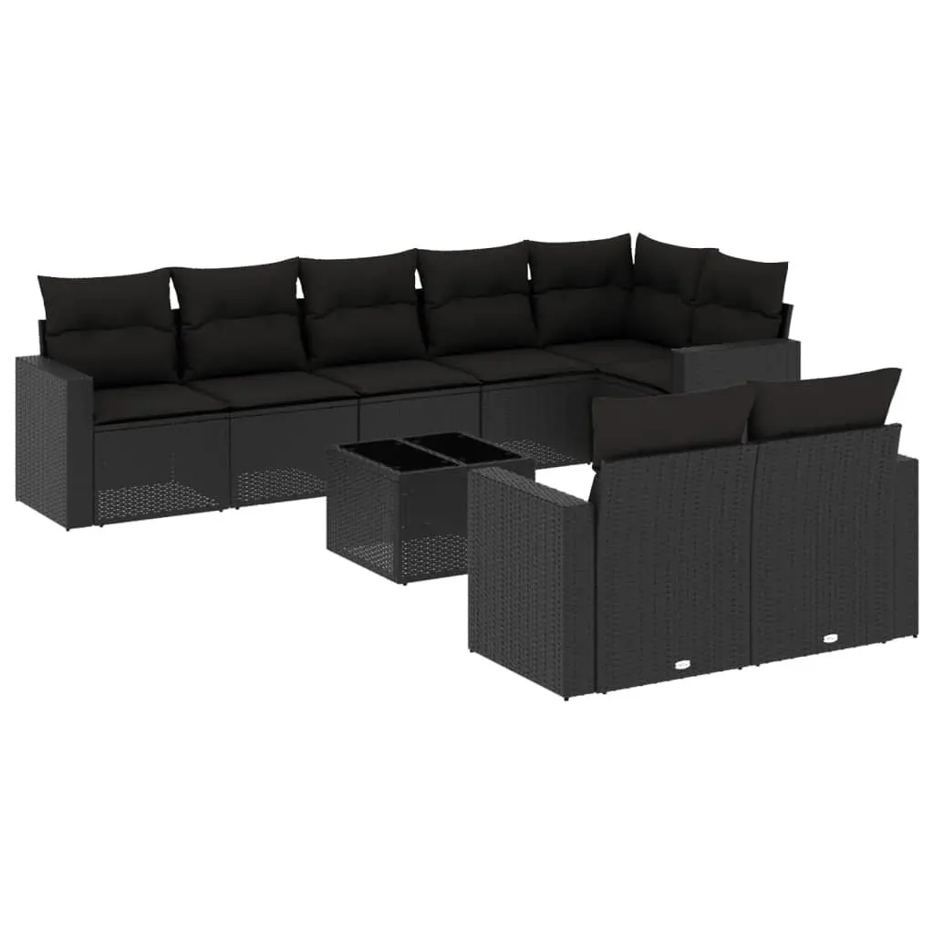 9 Piece Modular Patio Sectional Sofa Set Weather Resistant Black PE Rattan with Tempered Glass Table