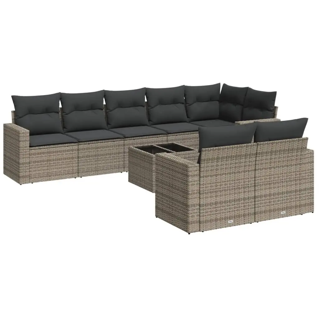 9 Piece Grey Rattan Sectional Sofa Set for Outdoor Use with Cushions and Glass Table