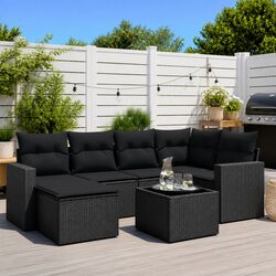 Outdoor Sectional Sofa Set 7 Piece Black Poly Rattan Garden Furniture with