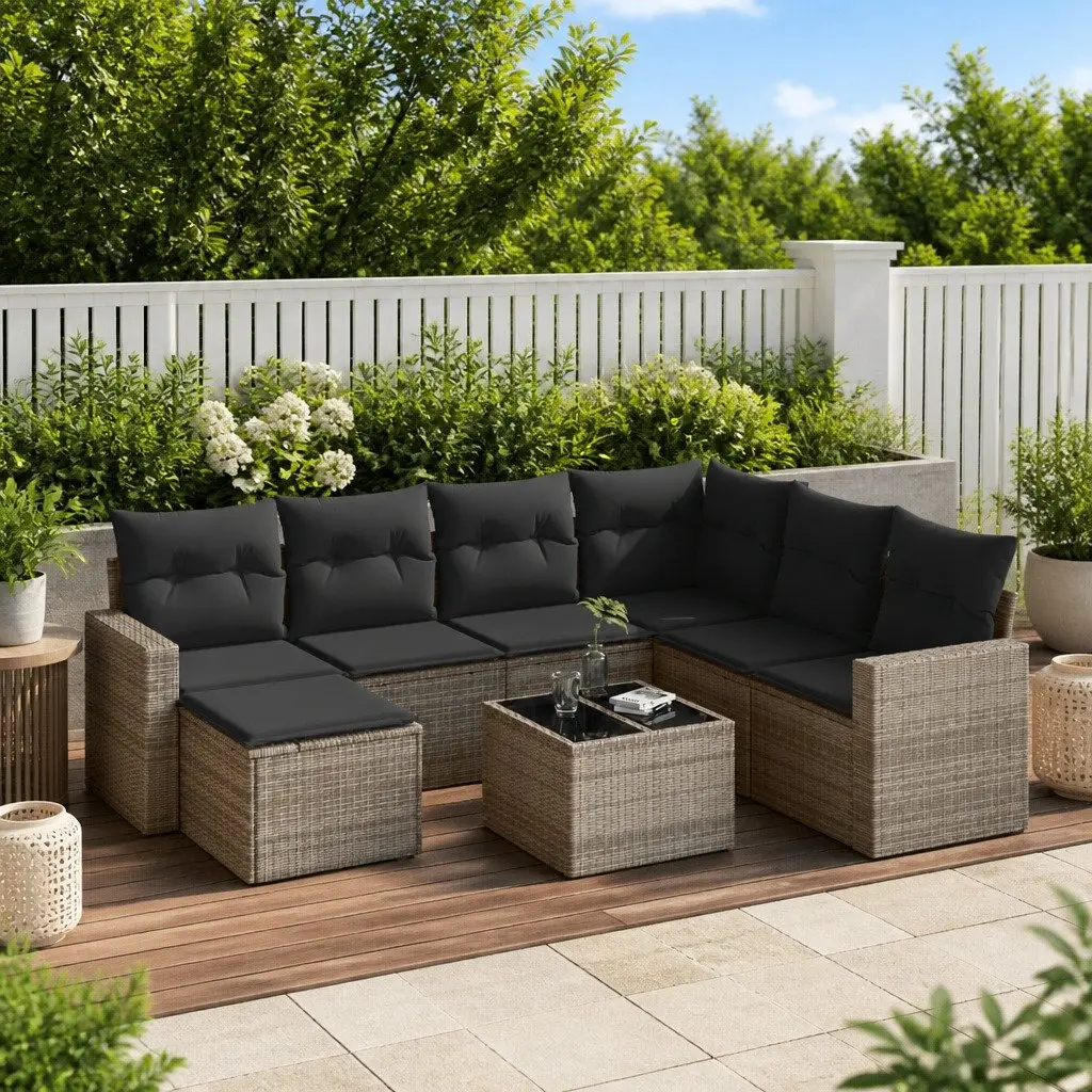 8 Piece Outdoor Garden Sofa Set Grey Poly Rattan Sectional with Storage Cushions