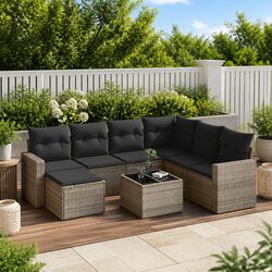 8 Piece Outdoor Garden Sofa Set Grey Poly Rattan Sectional with Storage Cushions
