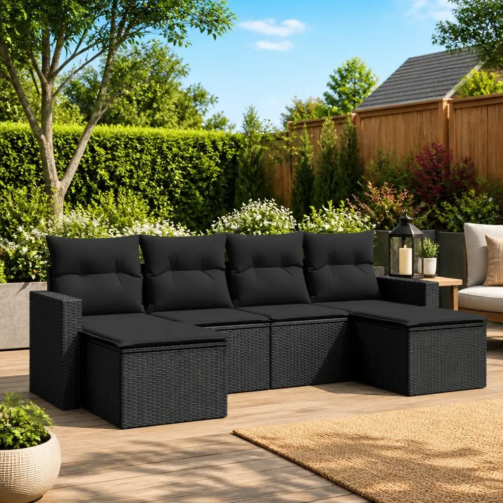 6 Piece Garden Sofa Set Black Poly Rattan Outdoor Sectional Furniture
