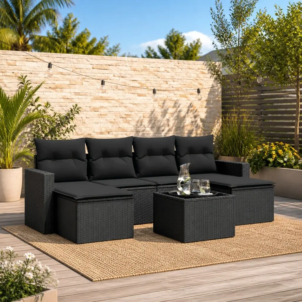 7 Piece Outdoor Sectional Sofa Set Black Poly Rattan Garden Patio Furniture