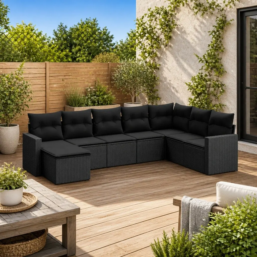 Outdoor Sectional Sofa Set 8 Piece Garden Furniture Black Rattan with Storage