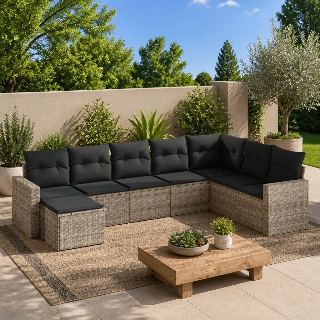 8 Piece Garden Sofa Set Grey Poly Rattan Outdoor Sectional with Storage Cushions