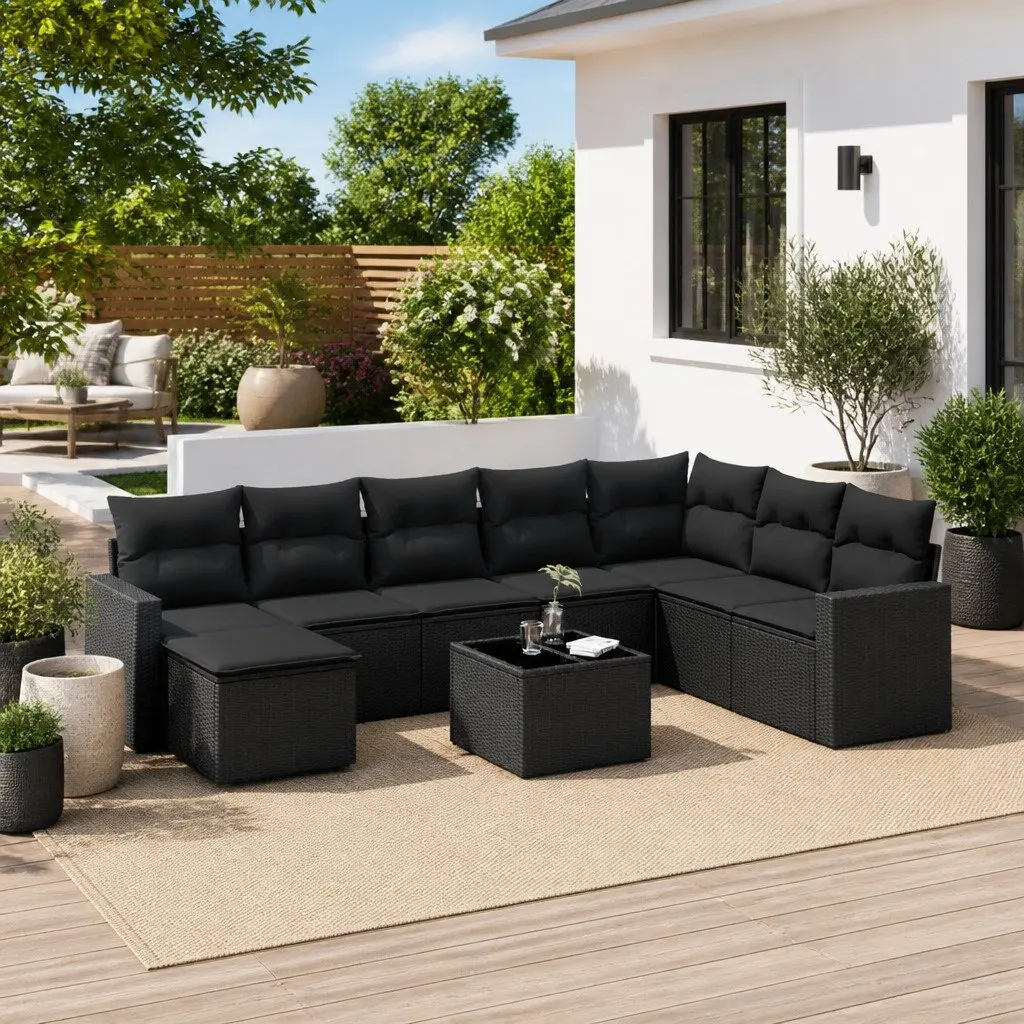 Outdoor Sectional Sofa Set 9 Piece Garden Furniture Black Poly Rattan with