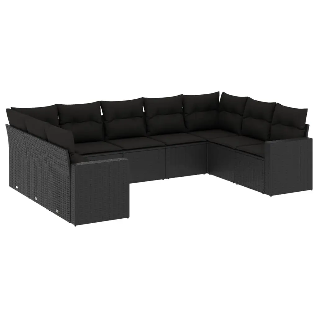 9 Piece Modular Black Poly Rattan Outdoor Sofa Set with Cushions for Patio Garden