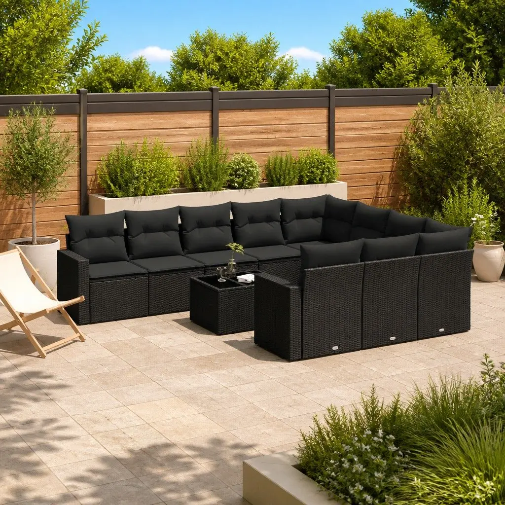 11 Piece Modular Garden Furniture Set Outdoor Sectional Sofa Black Poly Rattan