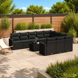 Outdoor Sectional Sofa Set 11 Piece Garden Furniture Black Poly Rattan with