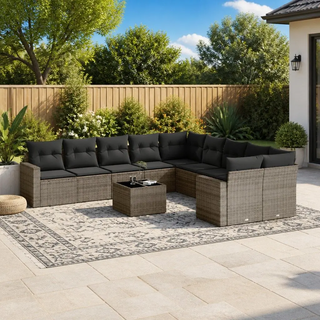 11 Piece Grey Modular Outdoor Sofa Set with Integrated Storage and Tempered Glass Table