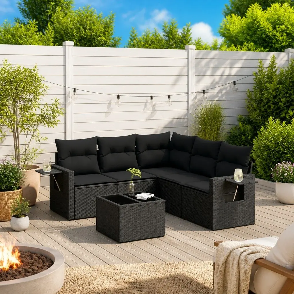 Outdoor Furniture Modular Garden Sofa Set 6 Piece Black PE Rattan