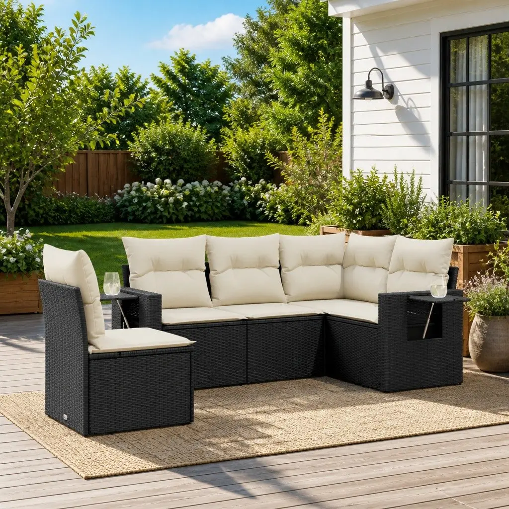 Outdoor Furniture Set Black Poly Rattan 5 Piece Modular Garden Sofa with Foldable Side Table and Water Resistant Storage Bag