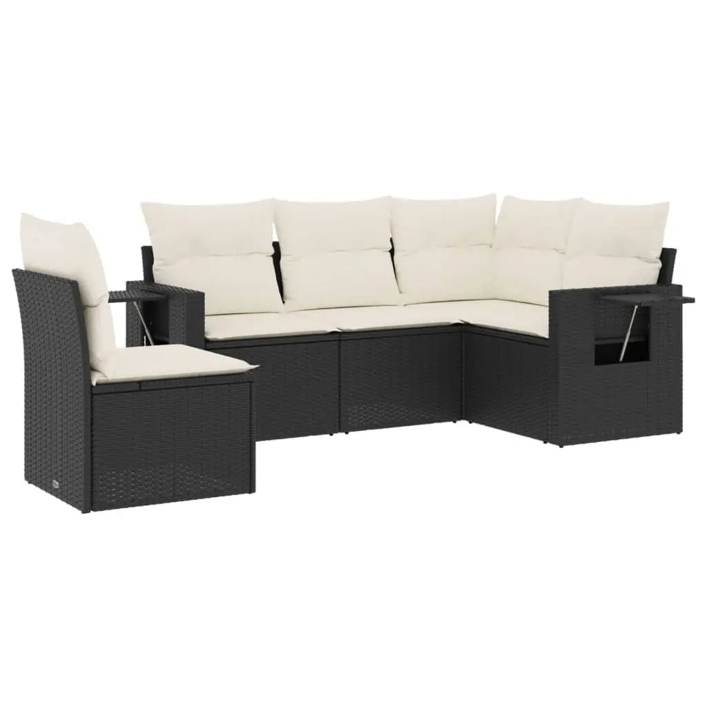 Outdoor Furniture Set Black Poly Rattan 5 Piece Modular Garden Sofa with Foldable Side Table and Water Resistant Storage Bag