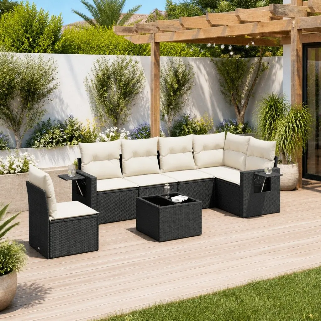 7 Piece Modular Garden Sofa Set Black Poly Rattan Outdoor Furniture