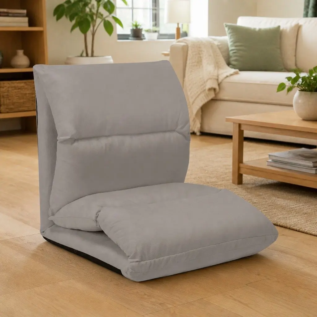 Folding Floor Chair Adjustable Microfibre Lounger Grey
