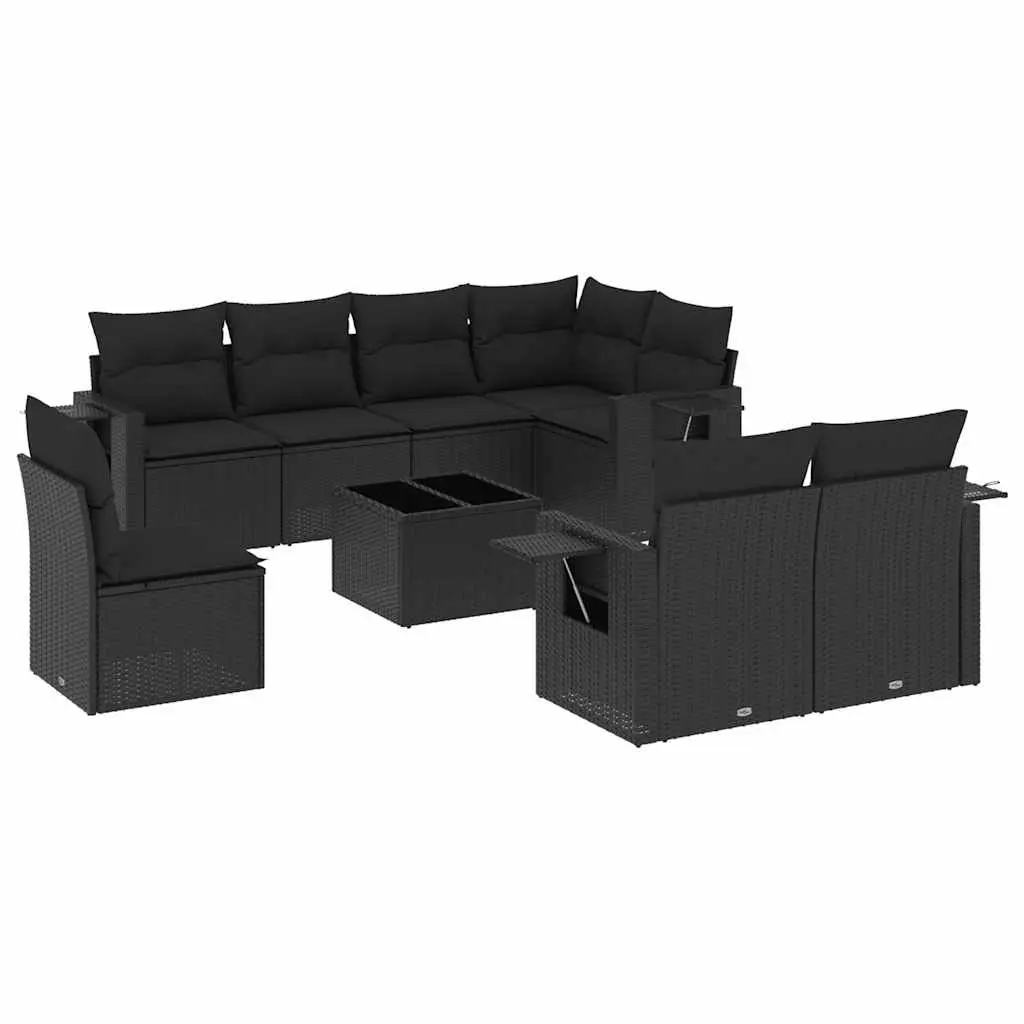 Garden Sofa Set 9 Piece Outdoor Patio Furniture Black Poly Rattan with Cushions
