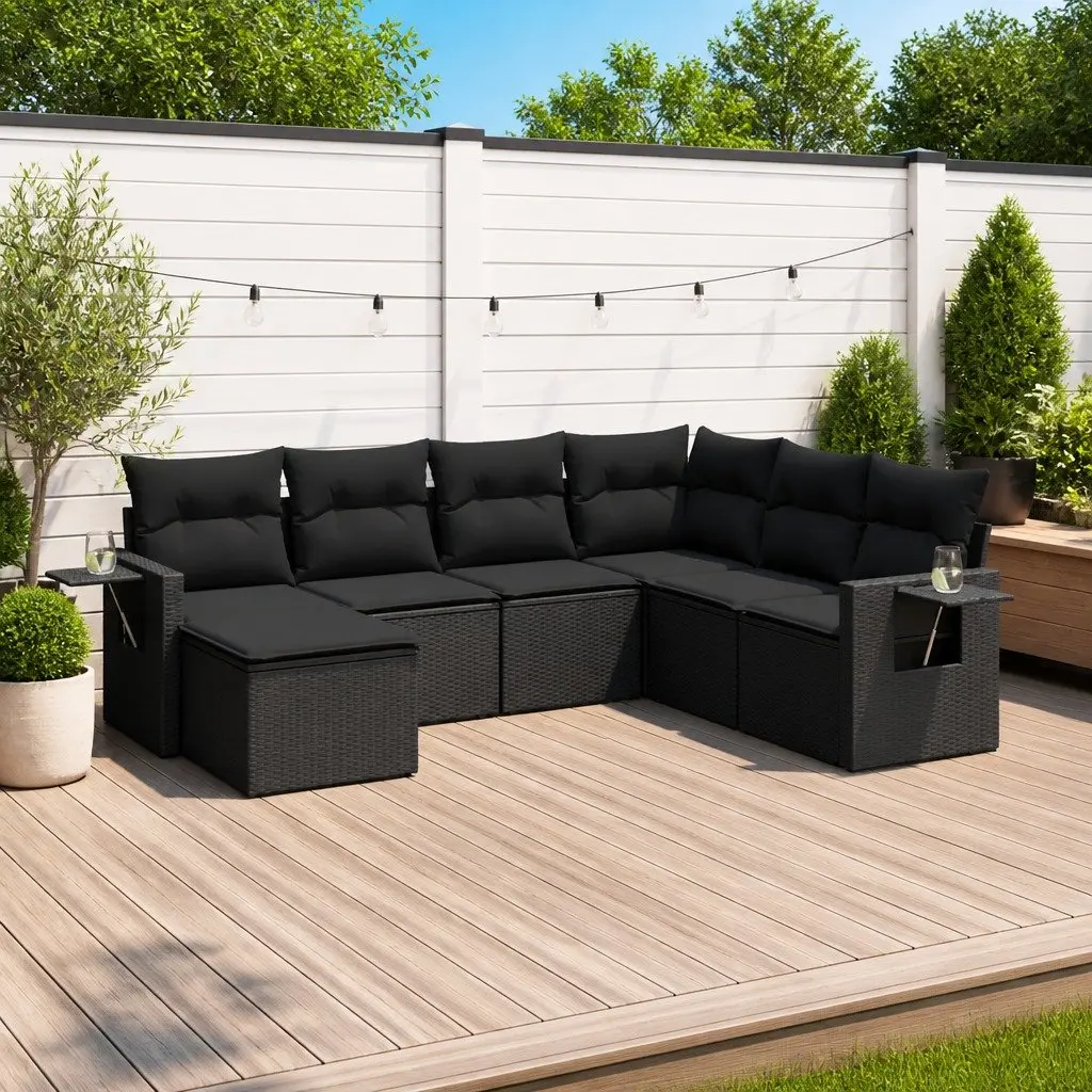 7 Piece Modular Outdoor Sofa Set with Foldable Table Storage Cushions Black PE Rattan