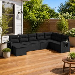 Outdoor Garden Sofa Set 8 Piece Black Poly Rattan Patio Furniture with Cushions