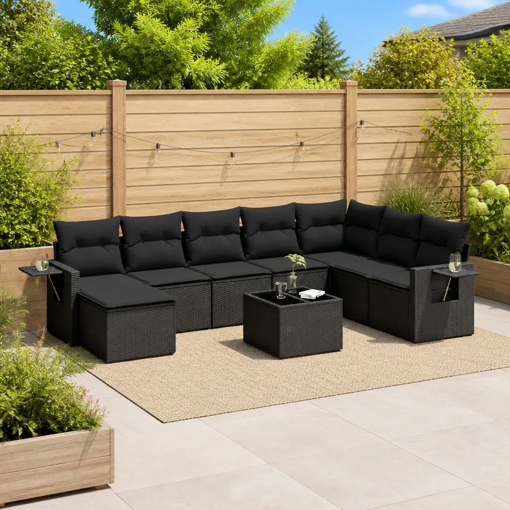 Garden Sofa Set 9 Piece Outdoor Furniture Black Poly Rattan Modular Patio