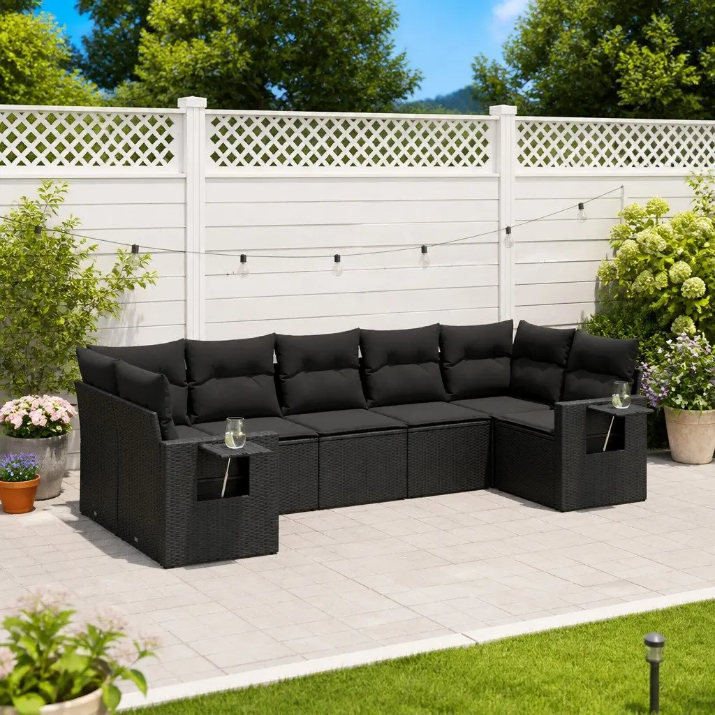 Outdoor Garden Sofa Set 7 Piece Black Poly Rattan Patio Furniture with Cushions