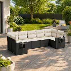 7 Piece Garden Sofa Set Outdoor Furniture Black Poly Rattan Patio Lounge Suite
