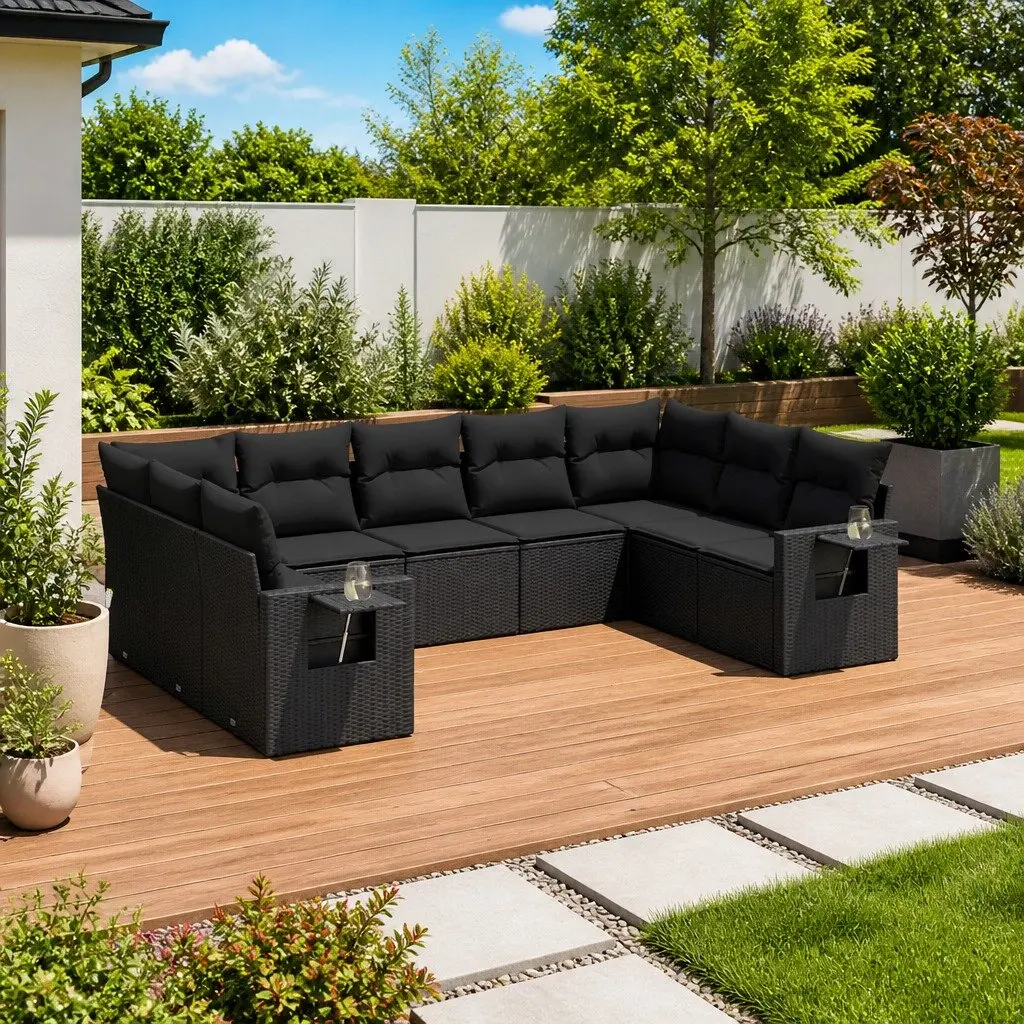 Garden Sofa Set 9 Piece Outdoor Furniture Black Poly Rattan with Cushions